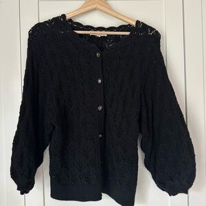 Sezane Black Cardigan with Knitted Texture with Feminine Balloon sleeves